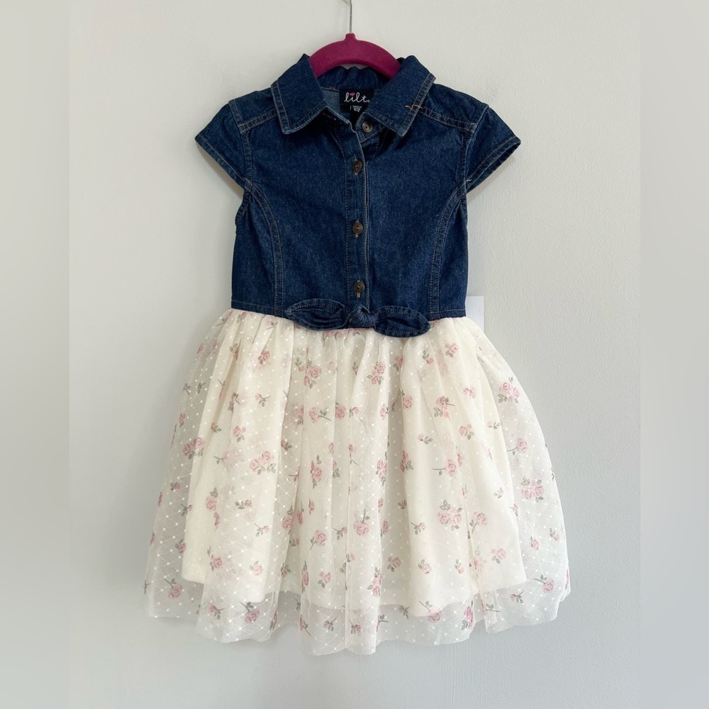 Lilt NWT Girls’ Denim & Ivory Floral Tulle Cap Sleeved Dress, size XXS (4/5)